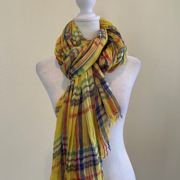 NWT Lauren Ralph Lauren Scarf Yellow Plaid Wrap Shawl Frey Hem Lightweight - Picture 1 of 7